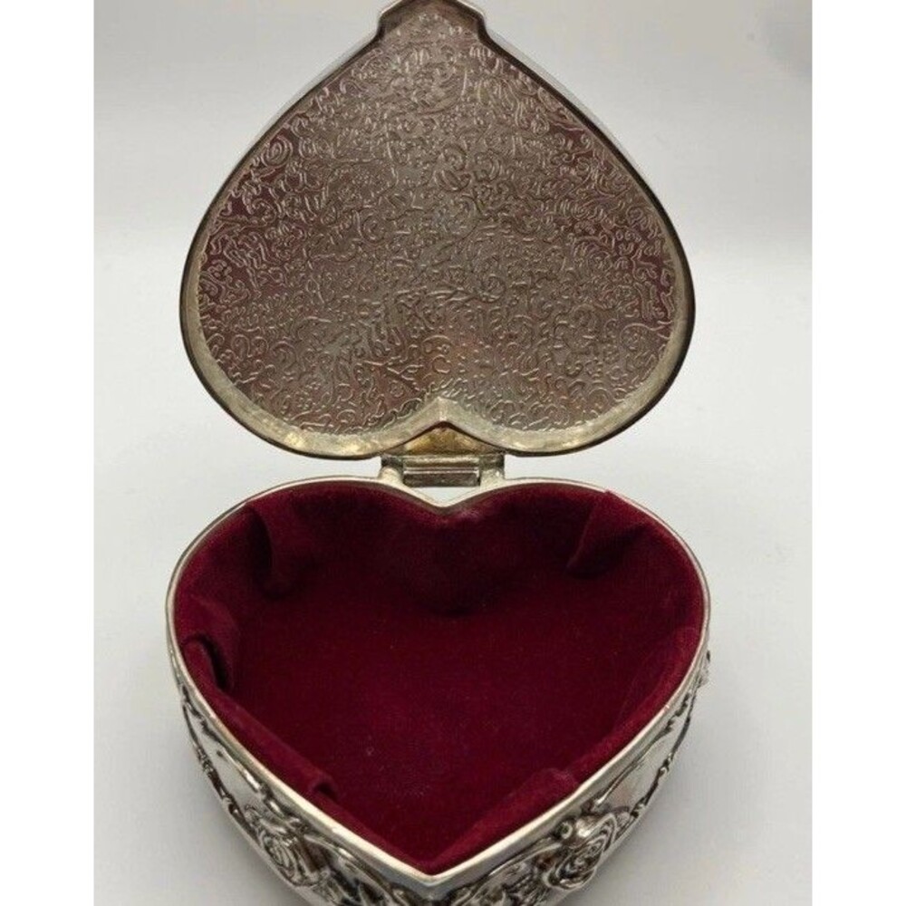 Vintage Heart Shaped Silver Metal Floral Trinket Box, Red Velvet Lining Footed